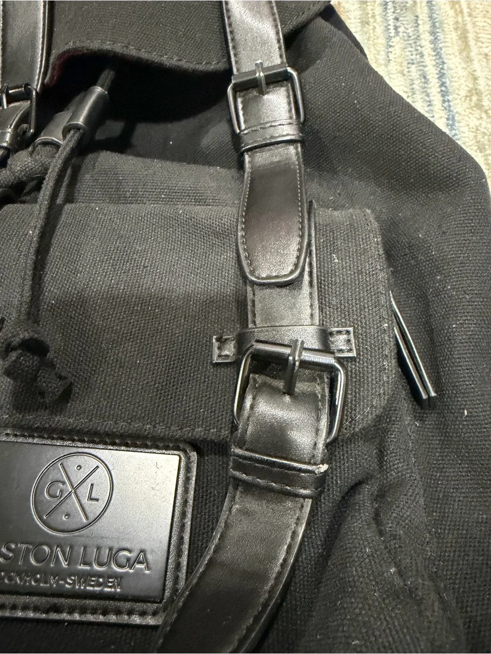 Black Canvas Backpack with Leather Trim